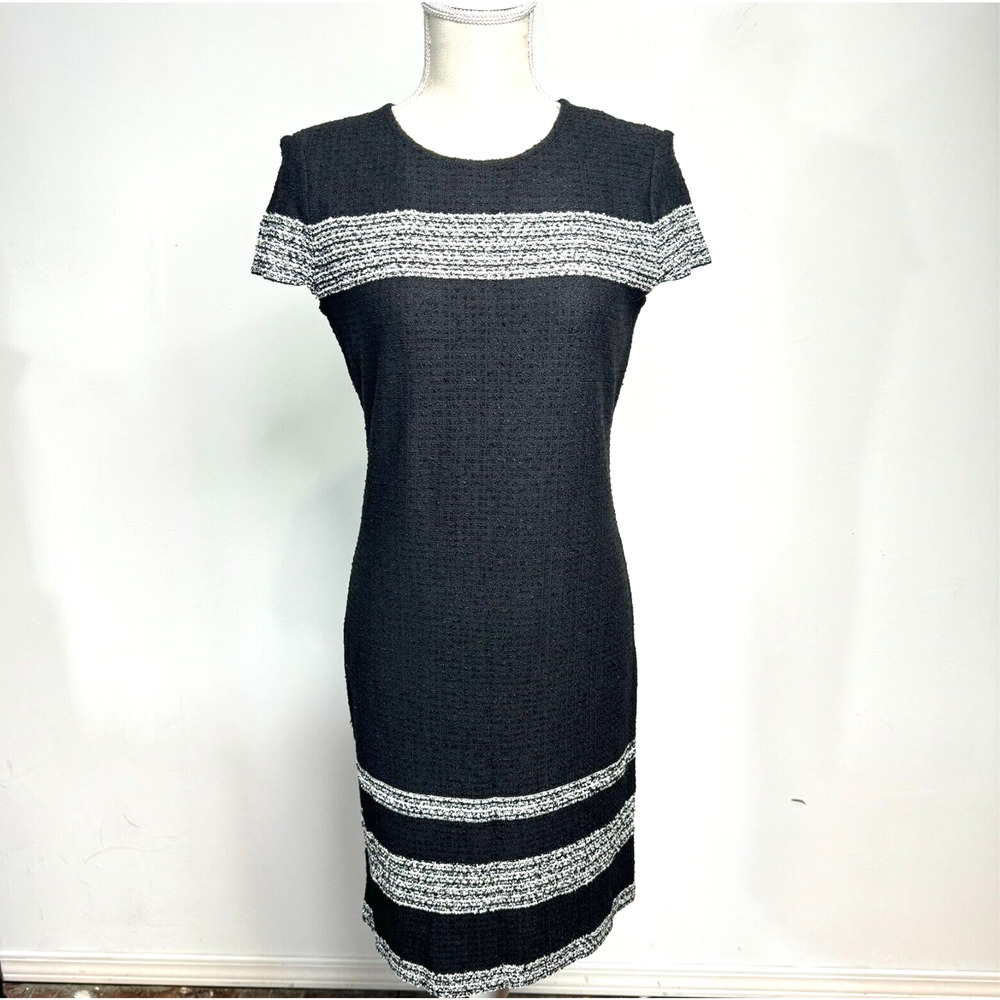St John Black White Tweed Sheath Dress Short Sleeve Business Casual Size 4